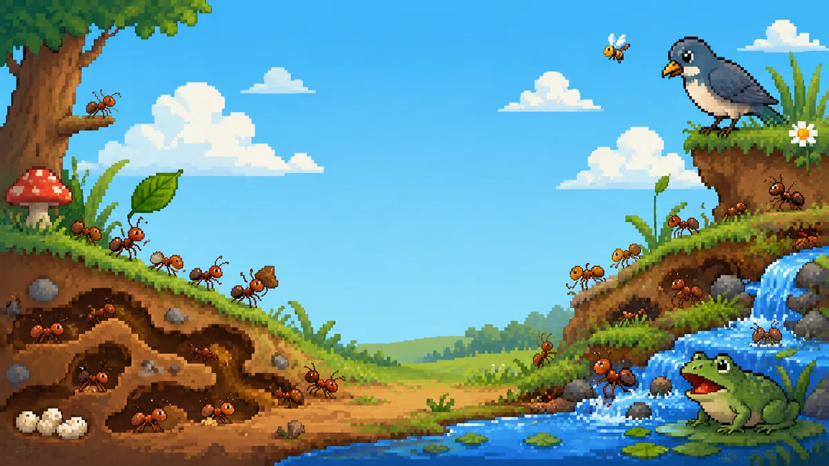 A pixel-art cutaway of a meadow: ants carrying a leaf along the grass line above, and below the soil a nest of tunnels, chambers and a clutch of white eggs, with a toadstool, a stream and a frog
