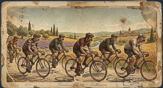 An aged postcard of six moustached riders in wool jerseys on a gravel road through lavender fields, 1903