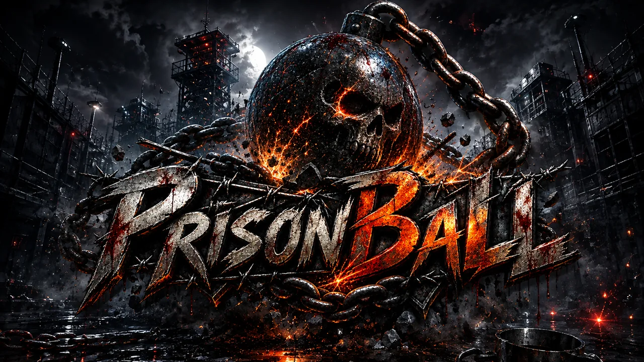 The PrisonBaLL logo: a skull-faced wrecking ball on heavy chains, hanging over the game's name in a floodlit prison yard at night
